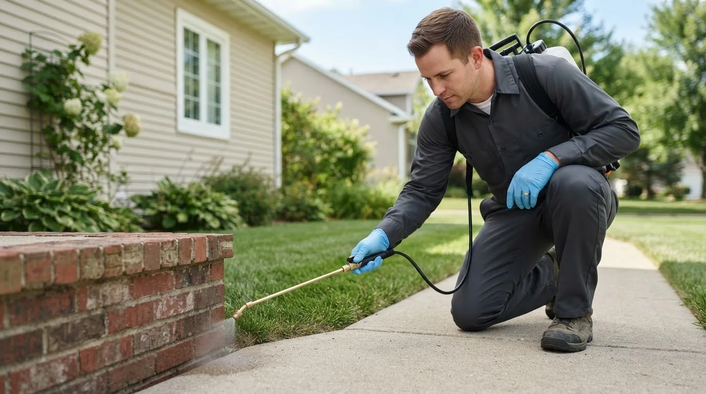 Pest control technician treating a home near Stockton, MO