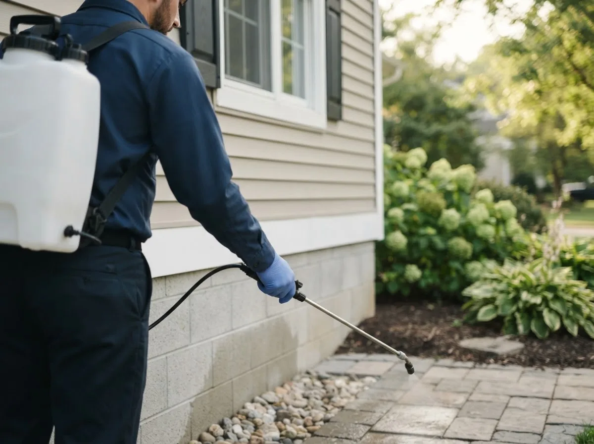 Pest control technician inspecting a home in Stockton, MO